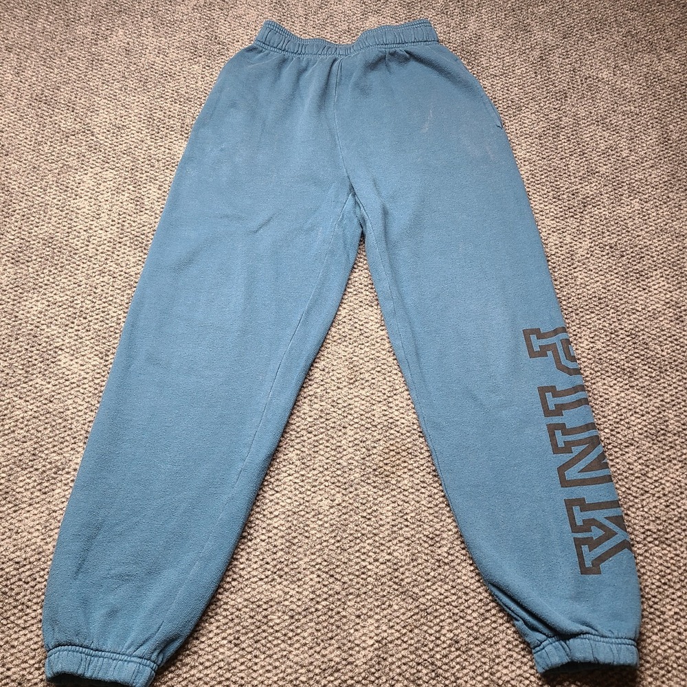 PINK Victoria's Secret Sweatpants Womens XS Blue Fleece Lined Logo Tapered Leg